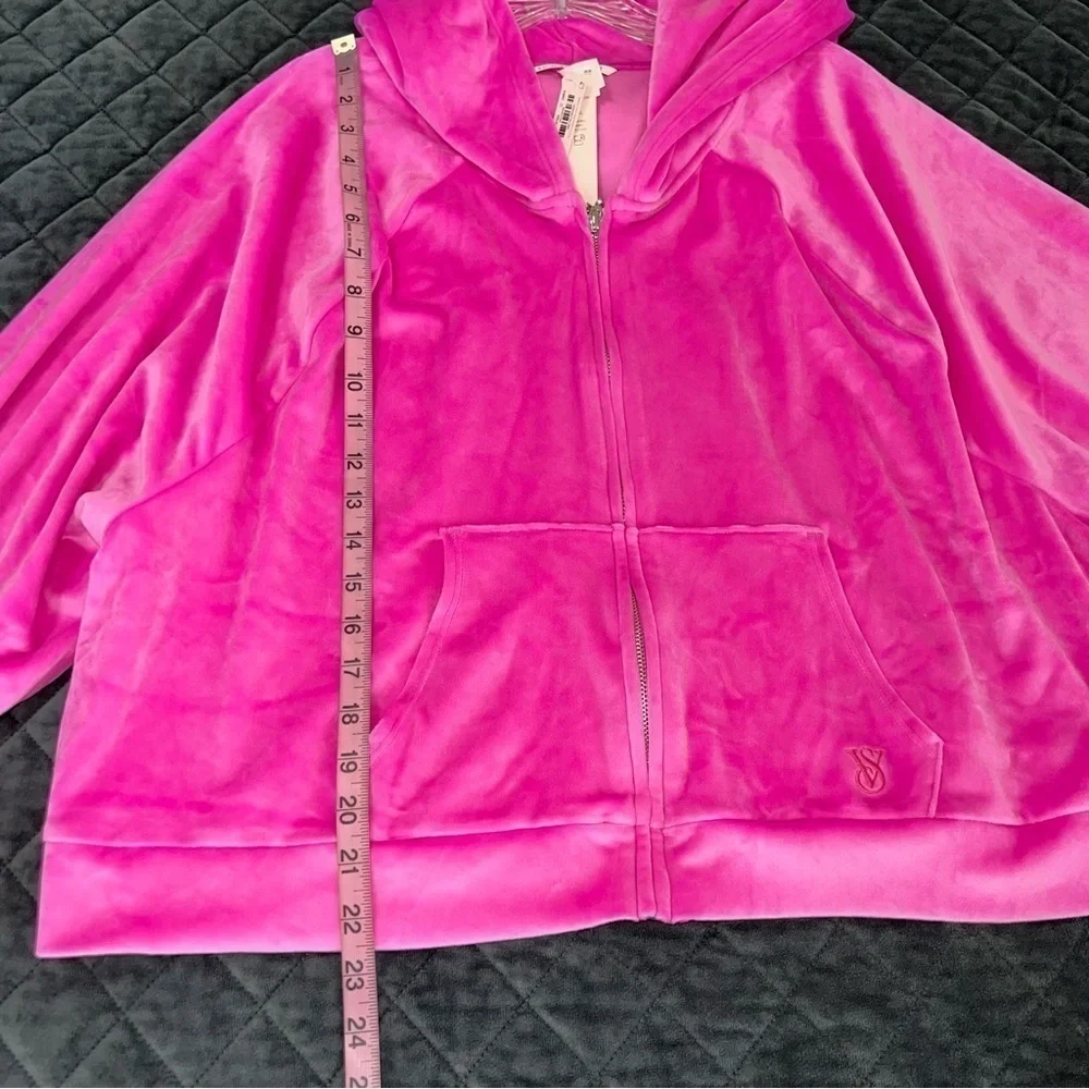 Victoria Secret Sweater Women XXL Velvet Zip Up Pink Hooded Barbiecore B22